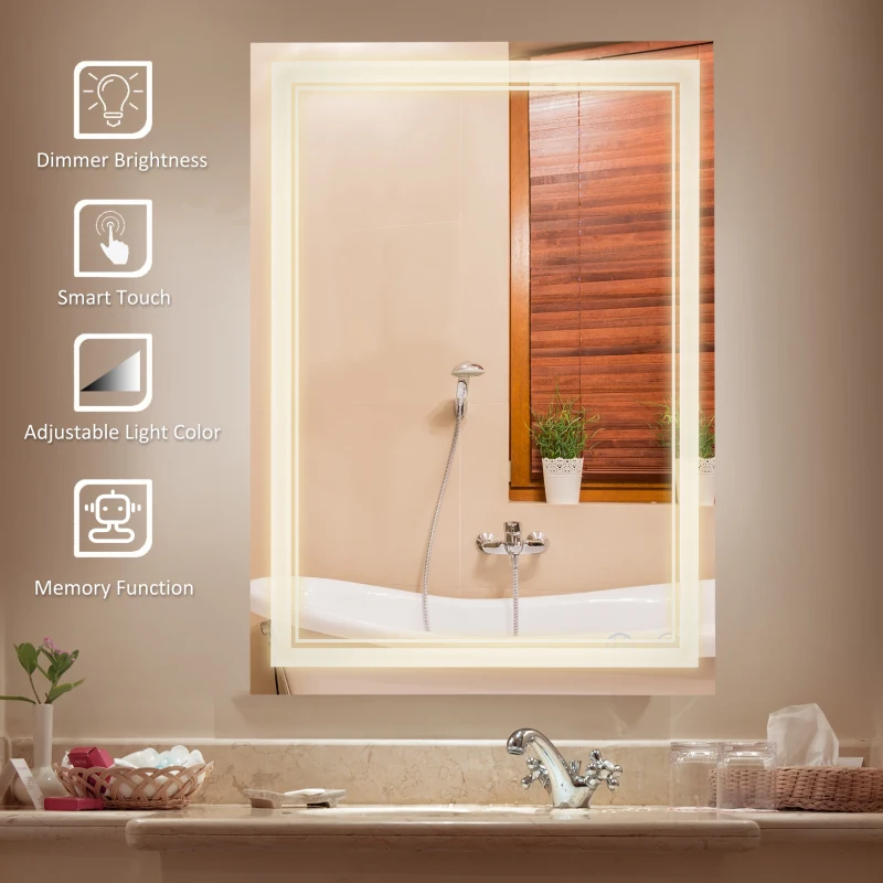 kleankin 24" x 32" LED Bathroom Mirror, Dimmable Lighted Anti Fog Wall-Mounted Mirror, with 3 Colour, Smart Touch, Plug-in, Vertical or Horizontal Hanging