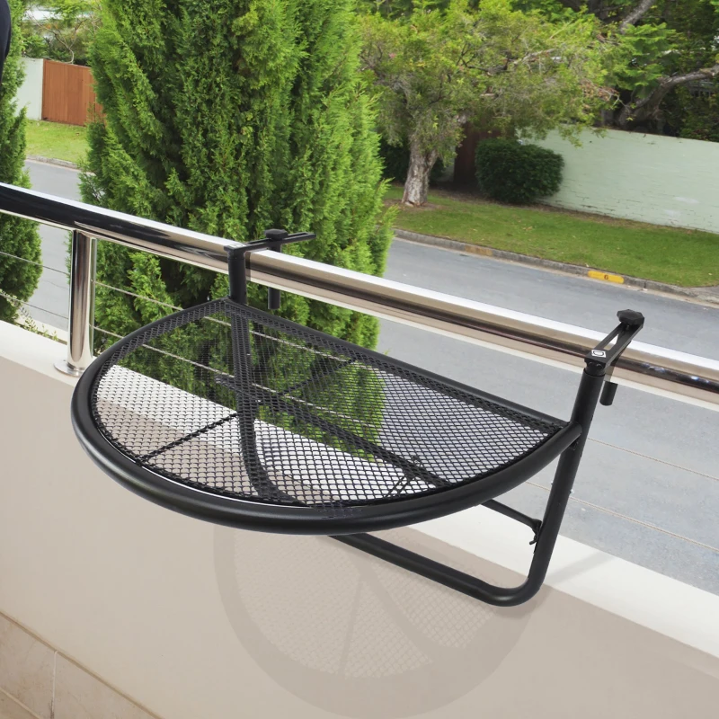Outsunny Adjustable Balcony Hanging Rail Table Metal Mounting Mini Wall Desk Storage Rack Outdoor Flower Stand, Black