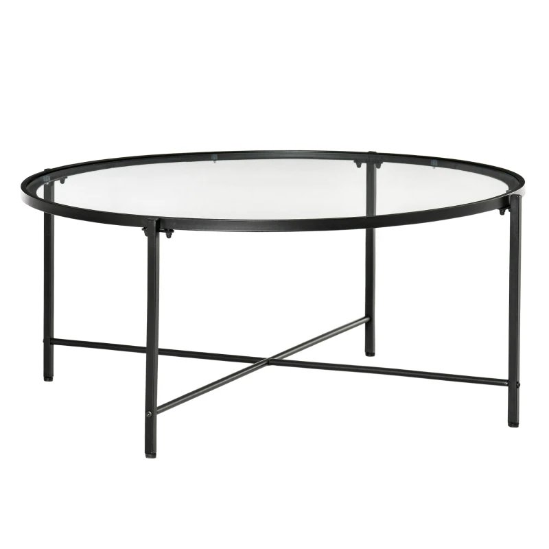 HOMCOM Modern Round Coffee Table with Tempered Glass Tabletop, Accent Side Table, Center Table for Living Room, Black