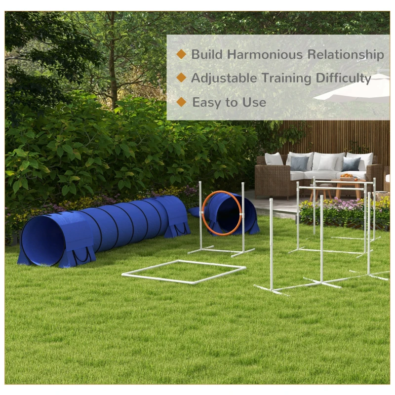 PawHut 7 Pcs Dog Agility Kit w/ Tunnels, Weave Poles, Adjustable Hurdles, Jump Ring, Pause Box, Whistle, Carry Bag, Blue
