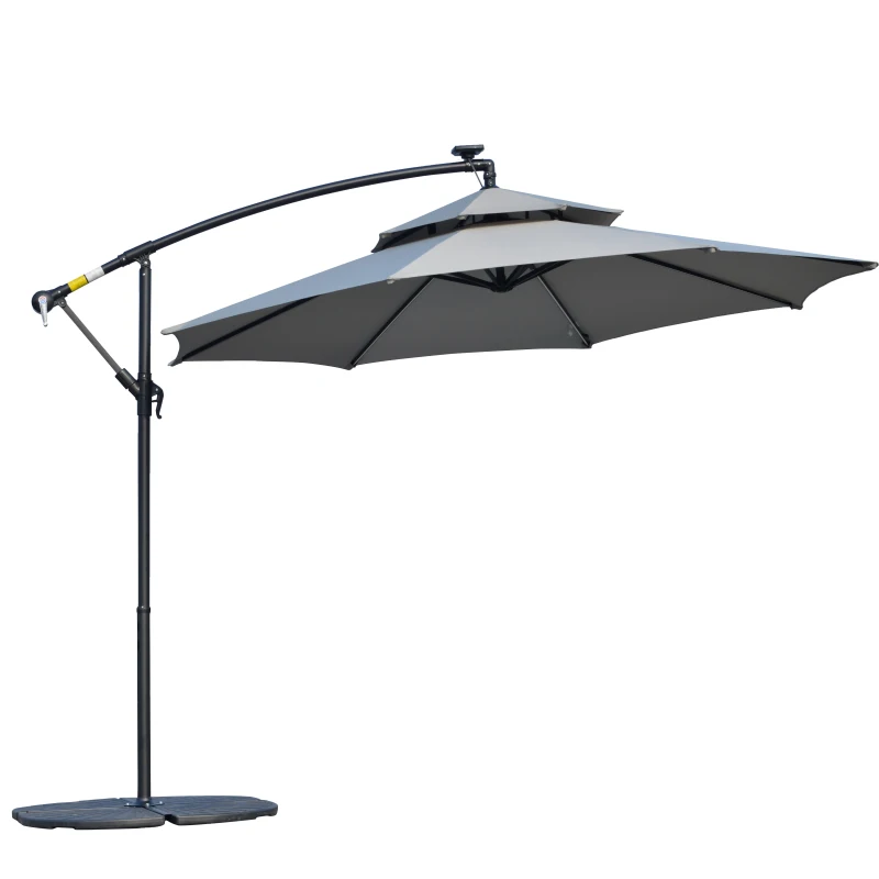Outsunny 10FT Cantilever Patio Umbrella with Lights Solar Powered Offset Umbrella with Crank and Cross Base for Deck Light Grey