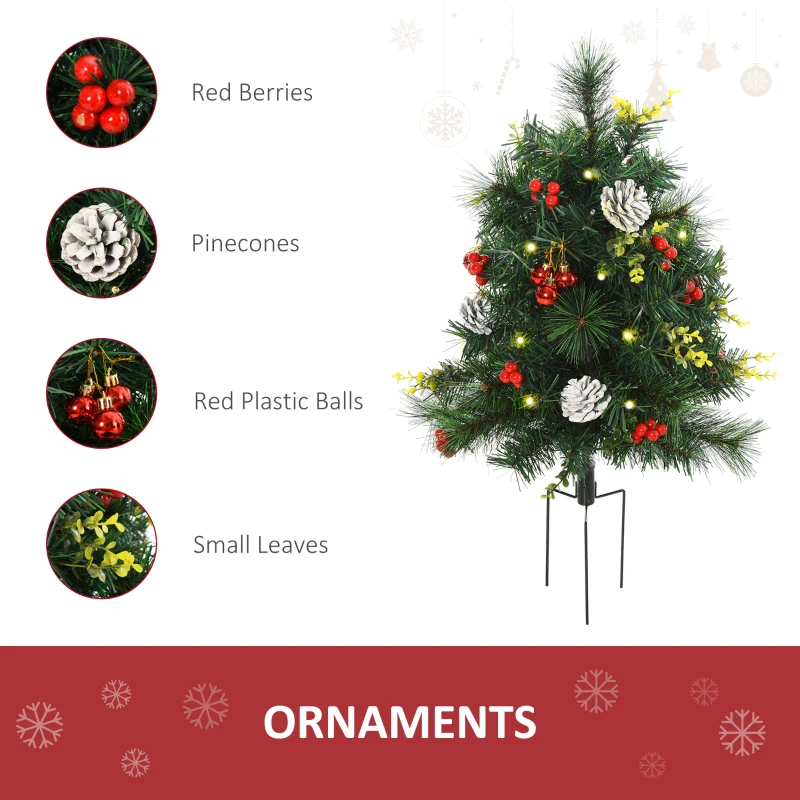 HOMCOM 2.5ft 2 Pieces Prelit Artificial Christmas Tree with LED Light Mini Xmas Tree with Small Berry Pine Needles Pinecones Decorations for Garden