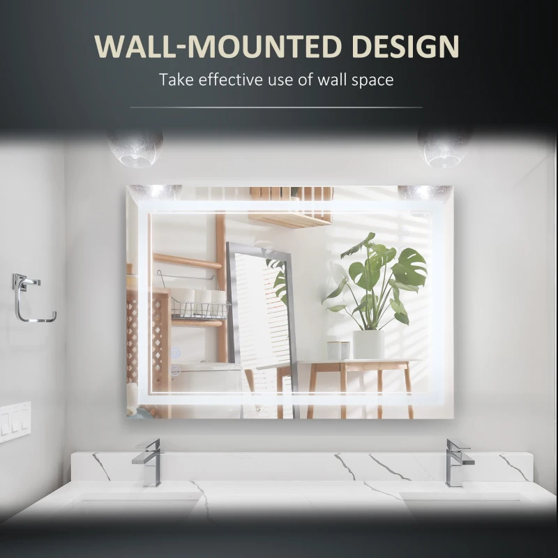 kleankin 24" x 32" LED Bathroom Mirror, Dimmable Lighted Anti Fog Wall-Mounted Mirror, with 3 Colour, Smart Touch, Plug-in, Vertical or Horizontal Hanging