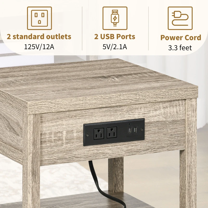 HOMCOM Bedside Table, Side End Table with Charging Station, Drawer and Shelf for Bedroom, 17.7" x 15.7" x 18.1", Oak Tone