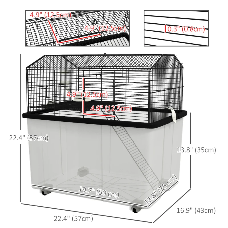 PawHut Hamster House Gerbil Habitat for Dwarf Hamster, Syrian Hamster with Wheels, Detachable Bottom - Black