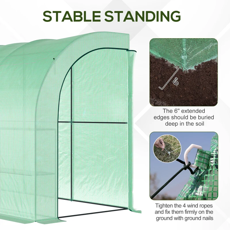 Outsunny 10' x 5' x 7' Lean to Greenhouse, Walk-In Green House, Plant Nursery with 2 Roll-up Doors and Windows, PE Cover and 3 Wire Shelves, Green(m-4)