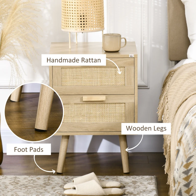 HOMCOM Boho Design Nightstand Set of 2, Side End Table with 2 Drawers for Living Room, Bedroom