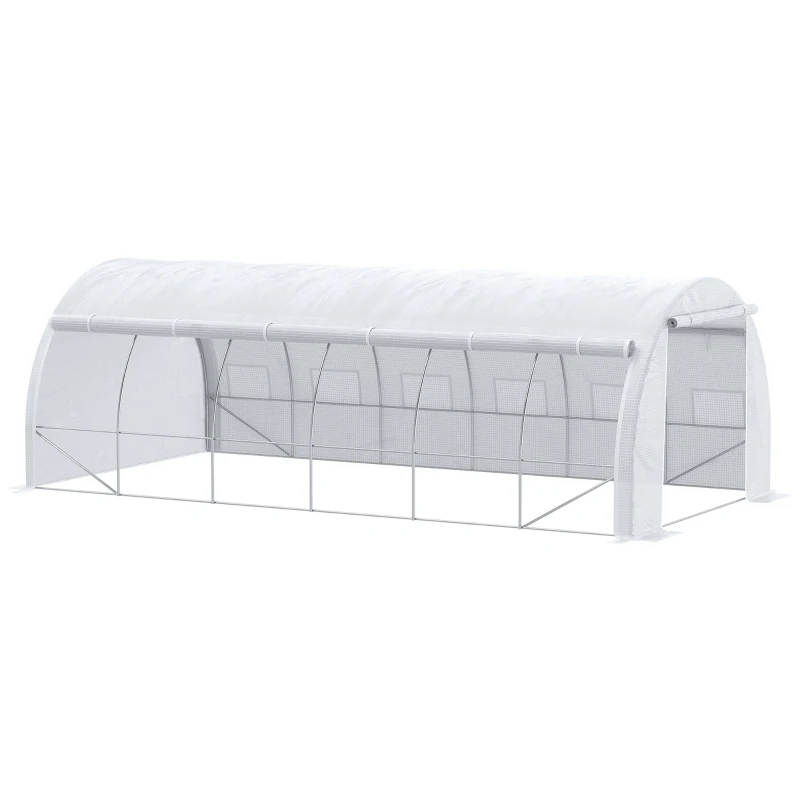 Outsunny Large Walk-in Greenhouse, 20'x10'x6.6' Tunnel Greenhouse with Zippered Door and 12 Roll-up Windows, Outdoor Green House for Garden Plant, White