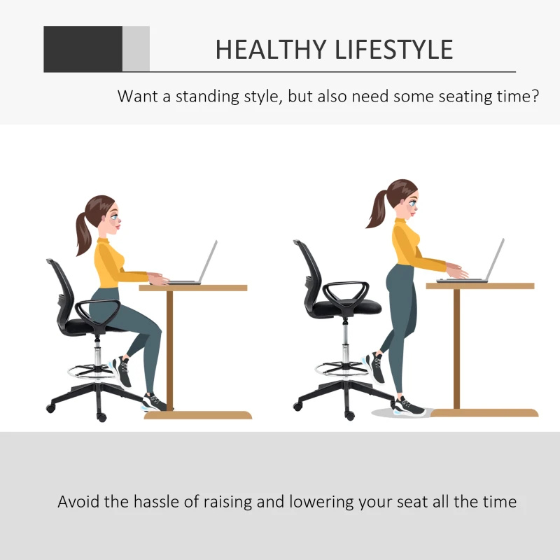 Vinsetto Ergonomic Drafting Chair, Mesh Tall Office Chair for Standing Desk with Fixed Armrests, Lumbar Support, Adjustable Footrest Ring and Seat Height, Black B