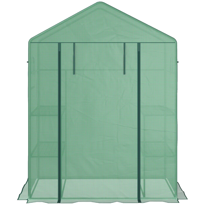 Outsunny Walk-in Mini Greenhouse with Mesh Door & Windows, Portable Garden Green House with 3 Tier Shelves, Water & UV Resistant PE Cover, Green