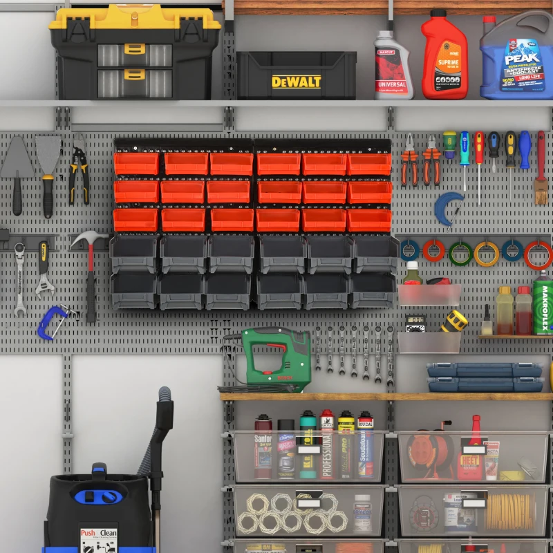 DURHAND Wall Mounted Storage Bin Rack Tool Organizer with 30 Bins, Pegboard for Garage Workshops Red