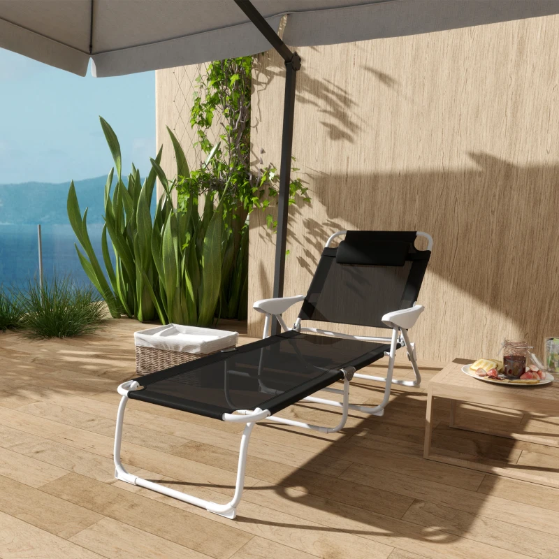 Outsunny Folding Chaise Lounge, Outdoor Sun Tanning Chair, 4-Position Reclining Back, Armrests, Removable Pillow, Black