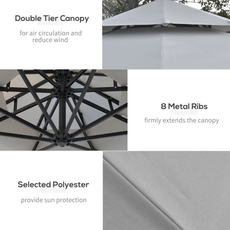 Outsunny 10FT Cantilever Patio Umbrella with Lights Solar Powered Offset Umbrella with Crank and Cross Base for Deck Light Grey