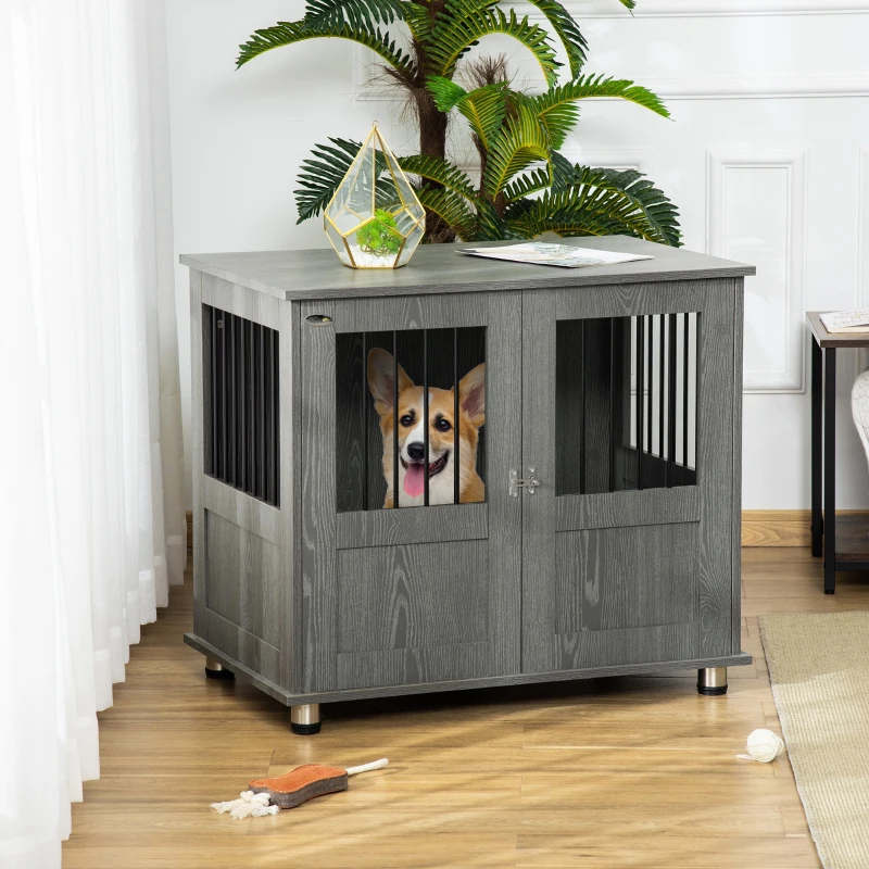 PawHut Dog Crate Furniture with Lockable Magnetic Door, Adjustable feet for Small & Medium Dogs, Indoor Use, Grey