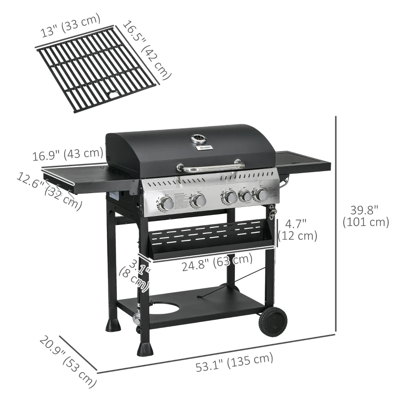Outsunny 40,000 BTU Propane Gas Grill BBQ Cart with 4 Main Burners, 1 Side Burner, with Warming Rack, Side Prep Tables, Black