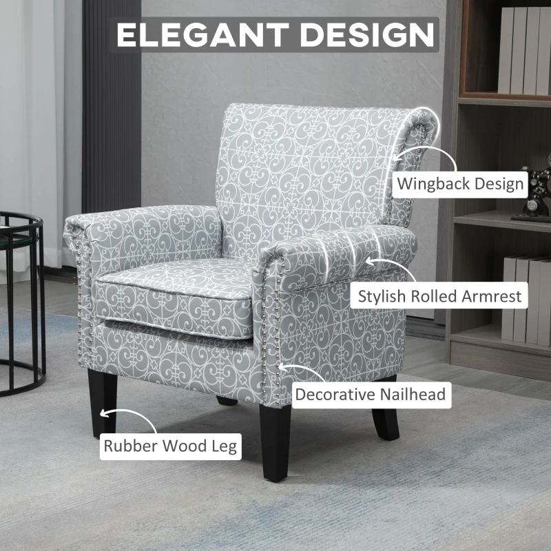 HOMCOM Upholstered Accent Chair, Single Armchair with Soft Linen Touch Fabric, Rolled Armrest with Nailhead Trim, Grey