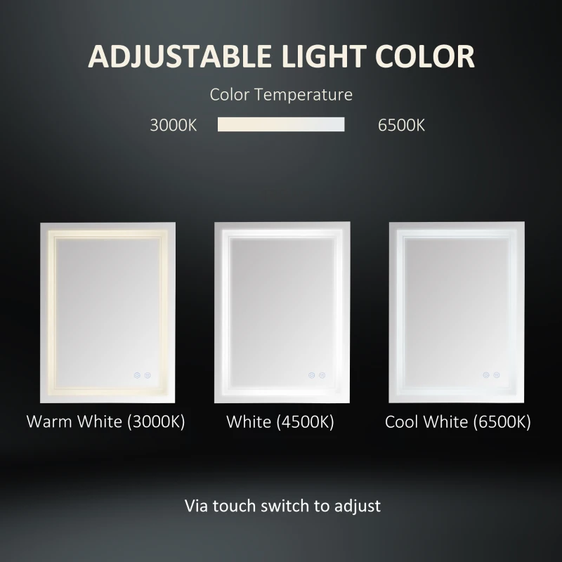 kleankin 24" x 32" LED Bathroom Mirror, Dimmable Lighted Anti Fog Wall-Mounted Mirror, with 3 Colour, Smart Touch, Plug-in, Vertical or Horizontal Hanging