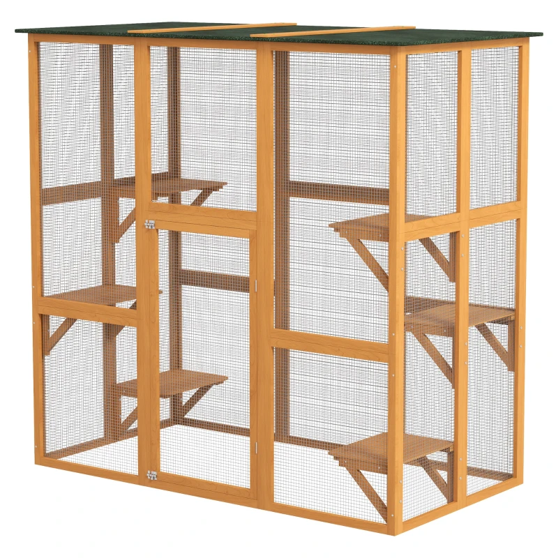 PawHut 71" x 39" x 71" Cat Cage, Large Outdoor Wooden Cat Patio with 6 Balanced Platforms and Asphalt Roof, Orange