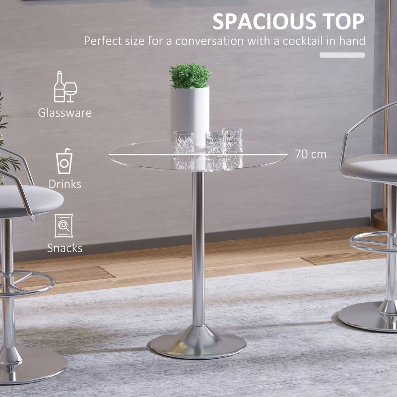 HOMCOM Round Dining Table, Modern Pub Table with Tempered Glass Top, Galvanized Metal Base, Small Dining Table, Silver