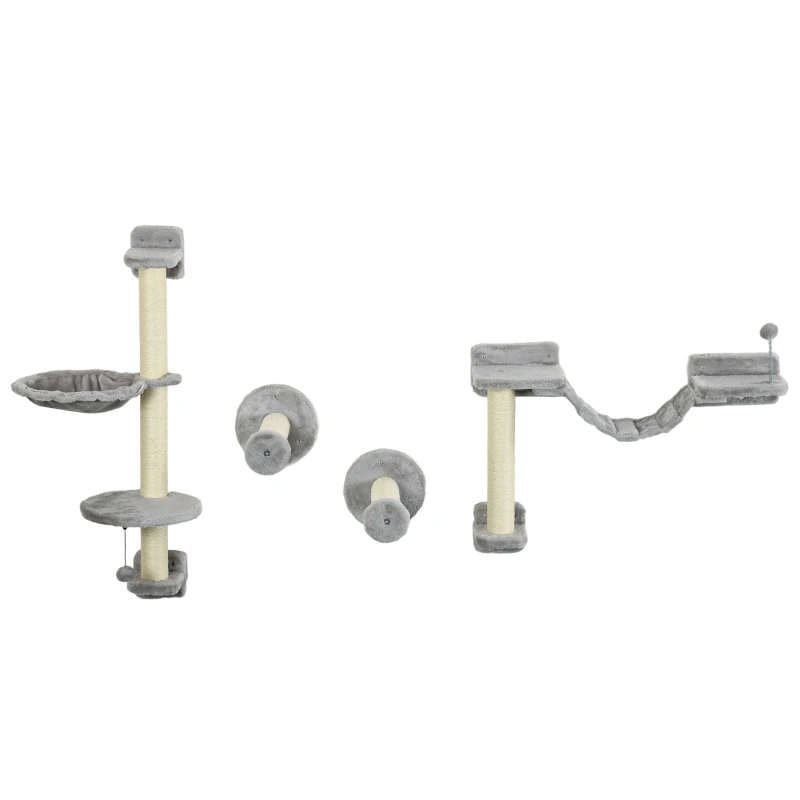 PawHut 4PCs Cat Wall Shelves with Hammock, Scratching Post, Ladder, Steps, Platforms, Toy Balls, Grey