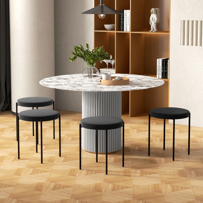 HOMCOM Backless Round Dining Chairs, Modern Stacking Stools Set of 4, Kitchen Chairs with Metal Legs, Black