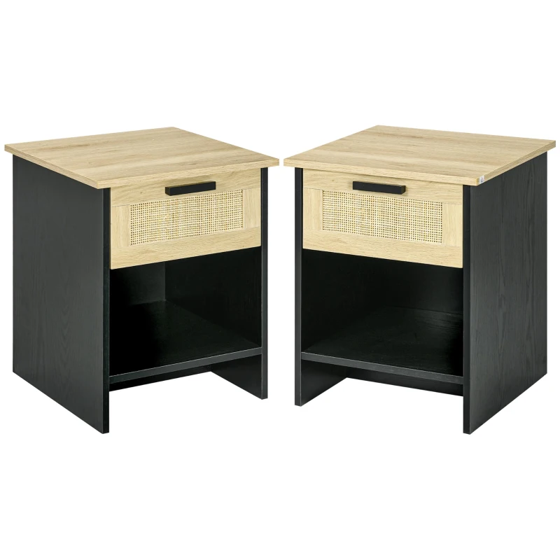 HOMCOM 2 Pieces Nightstands, Boho Bedside Tables with Drawer and Storage Shelf for Bedroom, Living Room, Black