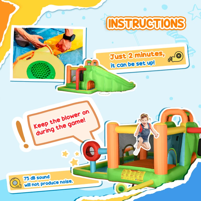 Outsunny Extra Large 8-in-1 Bouncy Castle for Kids, Inflatable Water Slide Bounce House w/ Slide Trampoline Pool Water Gun Ball-target Boxing Post Tunnel Carry Bag 750W Air Blower