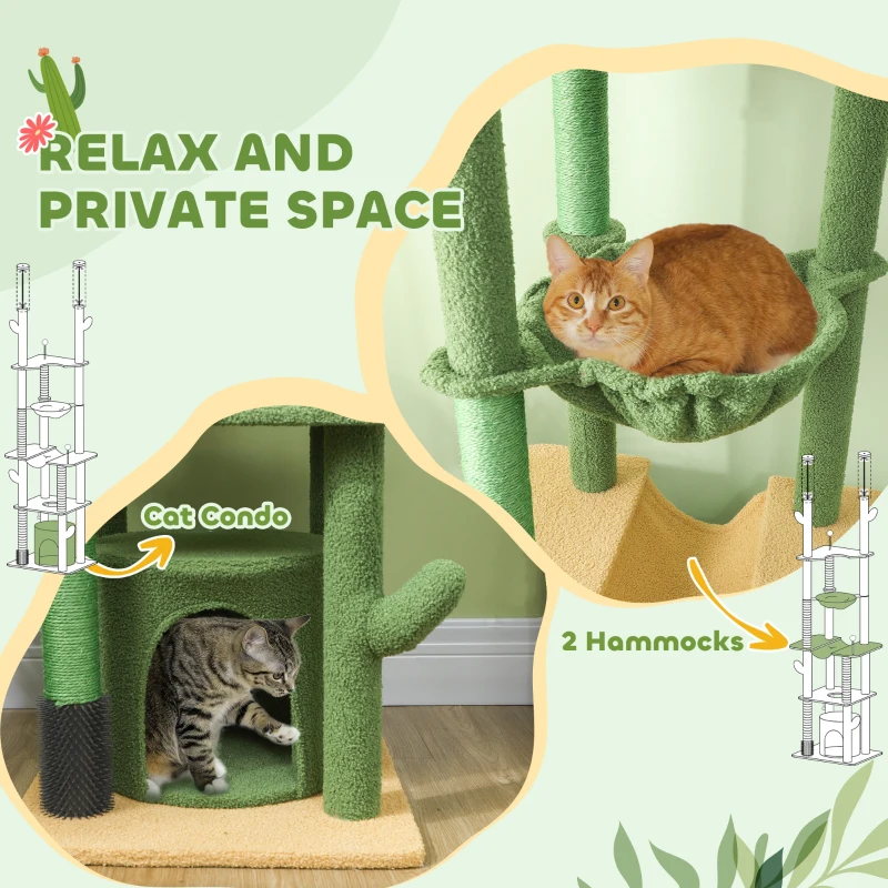 PawHut 89"-100" Floor to Ceiling Cat Tree Cat Tower for Large Cats w/ Scratching Posts, Grooming Brush Post, Cat Condo, Green