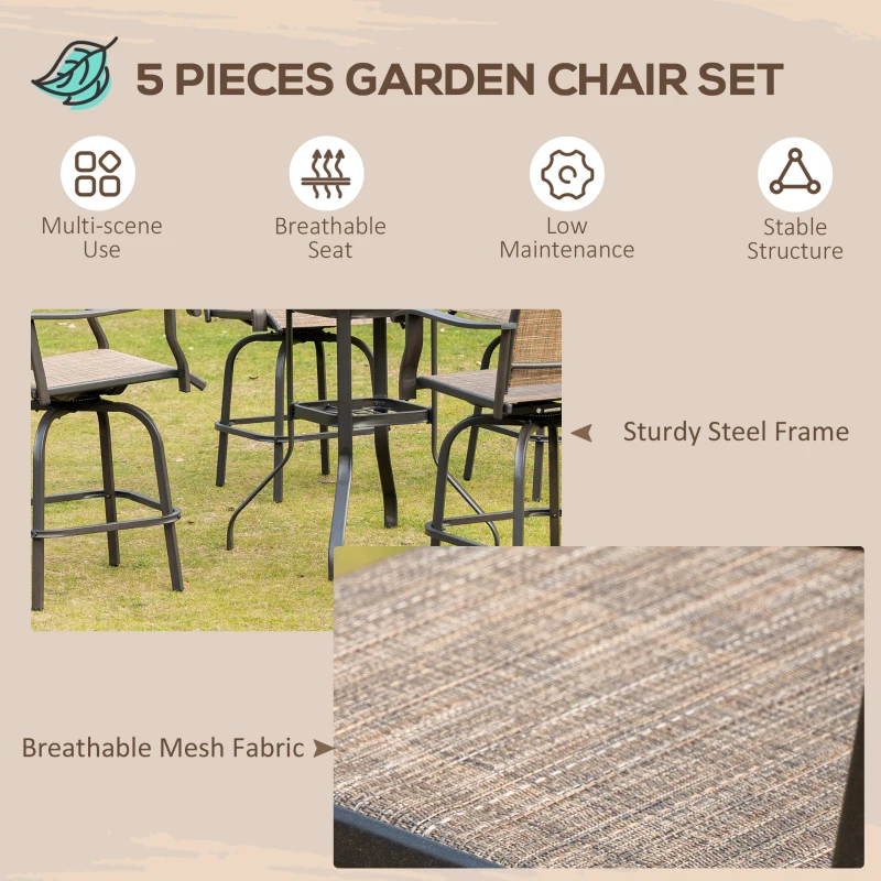 Outsunny 5 Pieces Patio Furniture Set, Outdoor Garden Conversation Set with Tempered Glass Table, 4 Swivel Chairs and Umbrella Hole, Brown