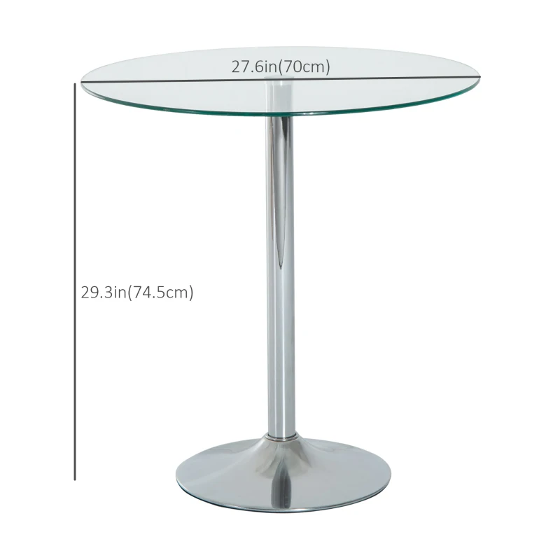 HOMCOM Round Dining Table, Modern Pub Table with Tempered Glass Top, Galvanized Metal Base, Small Dining Table, Silver