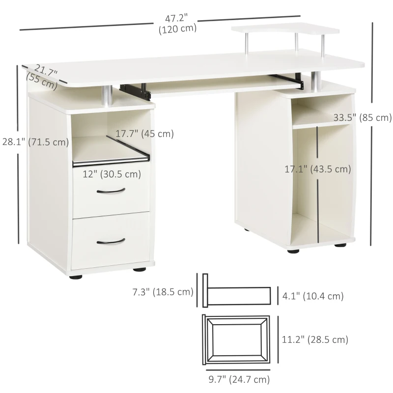HOMCOM Computer Desk with Keyboard Tray, CPU Stand, Writing Desk with Drawers, Workstation for Home Office, White