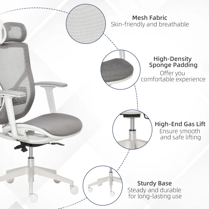 Vinsetto Ergonomic Office Chair with 360° , Wheel, Mesh Back, Adjustable Height & 3D Armrest for Home Office, Grey
