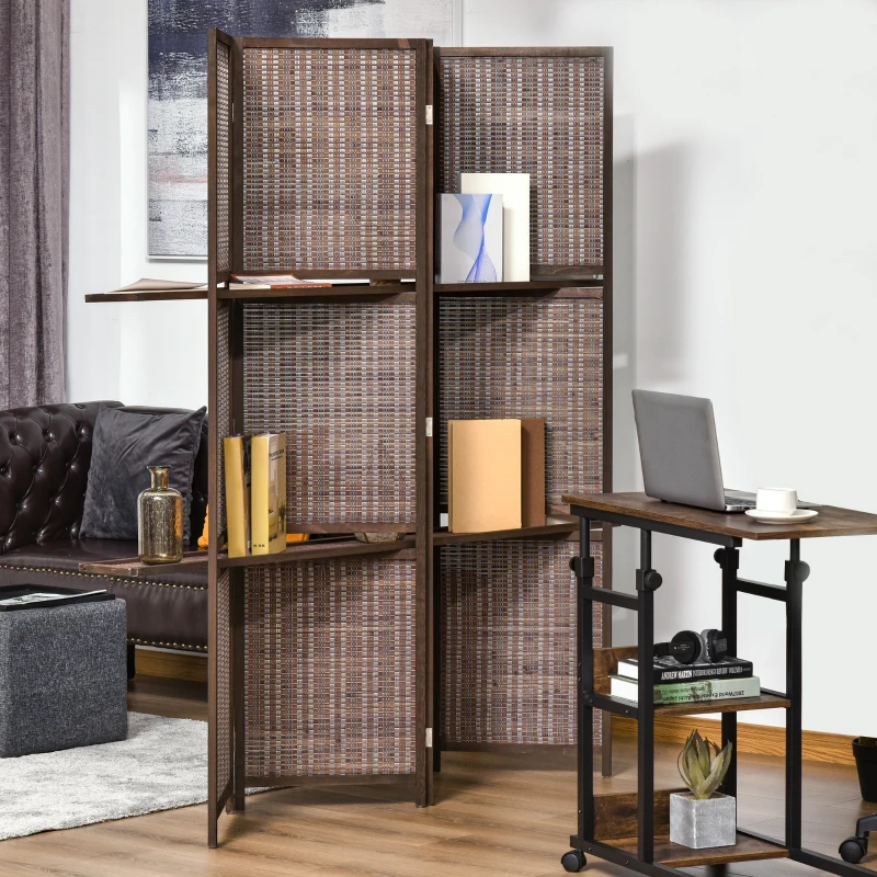 HOMCOM 4 Panel Room Divider, 6ft Tall Bamboo Folding Screen with 2 Storage Shelves for Bedroom, Office, Brown
