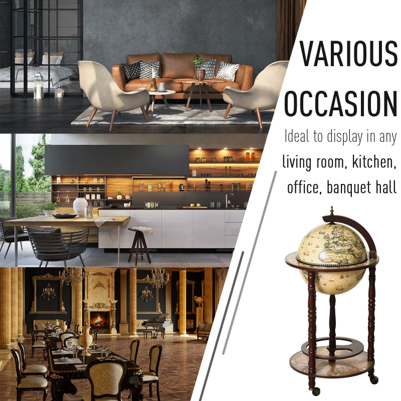 HOMCOM Rolling 18" Globe Wine Bar Stand Wine Cabinet Bottle Shelf Holder Wine Host Trolley with Wheels, Beige