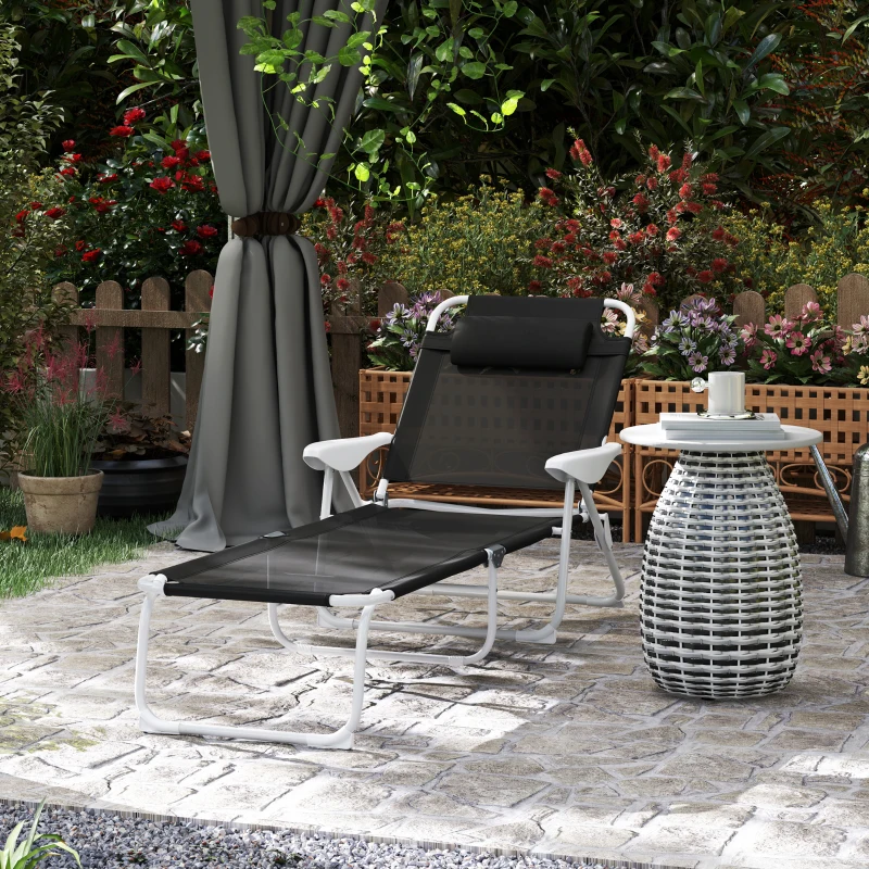 Outsunny Folding Chaise Lounge, Outdoor Sun Tanning Chair, 4-Position Reclining Back, Armrests, Removable Pillow, Black