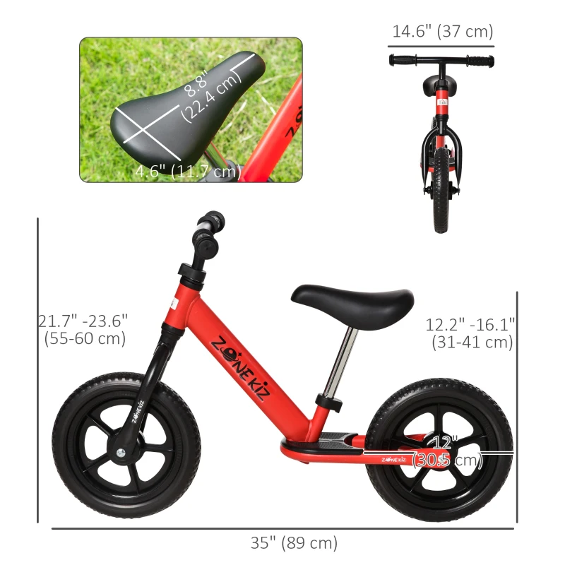 Qaba 12" Kids Balance Bike No Pedal Bicycle Adjustable Seat and Handlebar Training Toddler Bike 3 - 5 Years Red