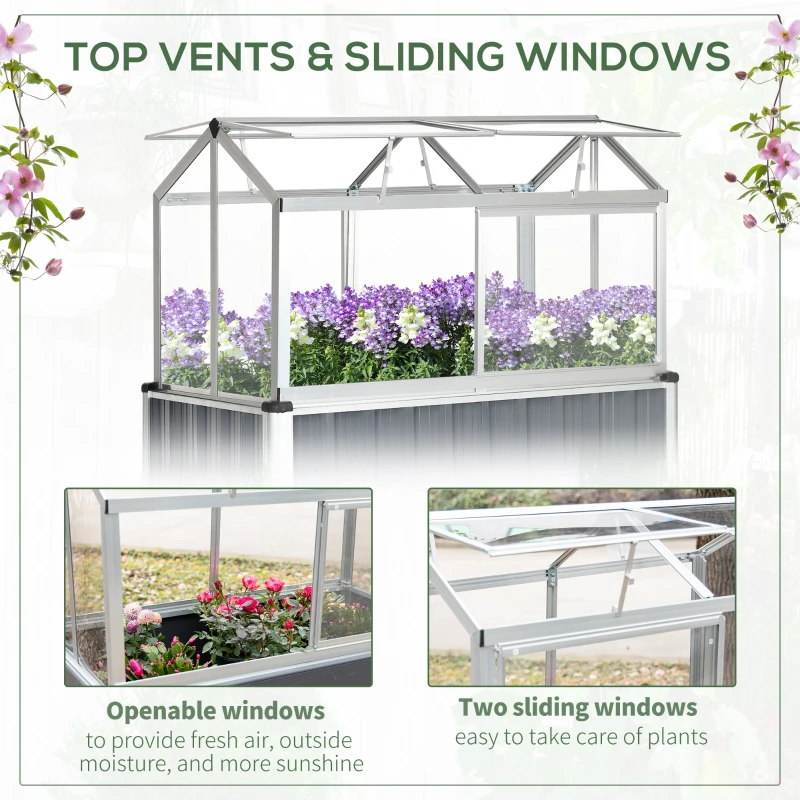 Outsunny 45"x24"x51" Raised Garden Bed with Greenhouse, Windows, Galvanized Steel Frame for Vegetables Flowers Herbs, Dark Grey