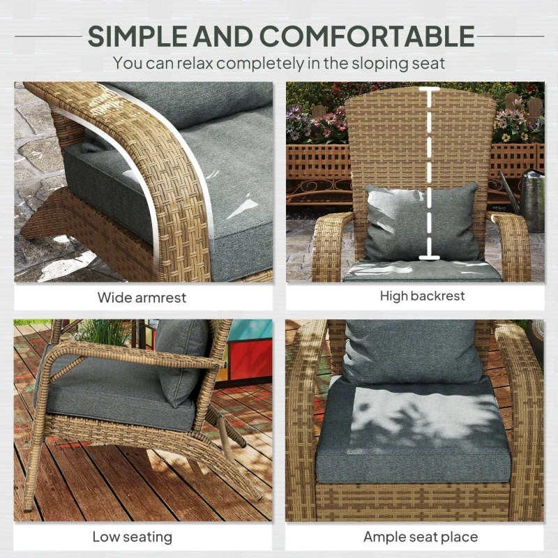 Outsunny Patio Adirondack Chair with Rattan Wicker, Soft Cushions, Tall Curved Backrest for Deck or Garden, Charcoal Gray