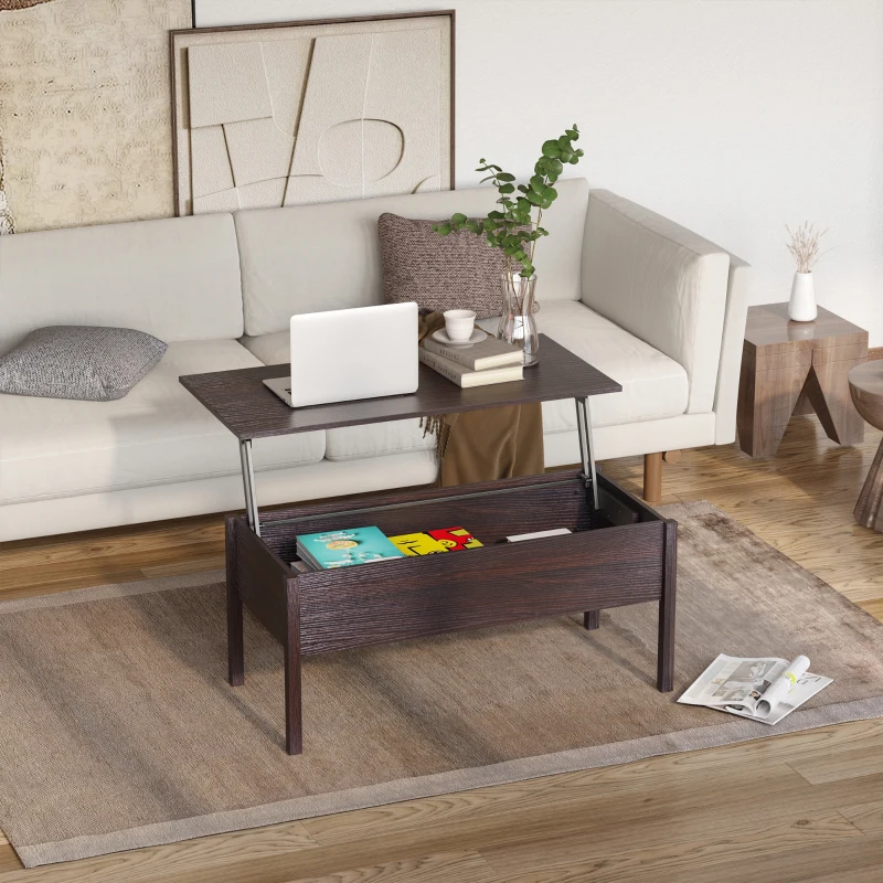 HOMCOM 39" Modern Lift Top Coffee Table Desk With Hidden Storage Compartment for Living Room, Coffee Brown Woodgrain