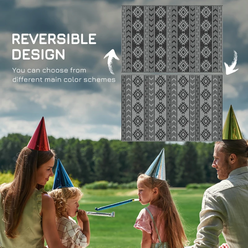 Outsunny Reversible Outdoor RV Rug, Patio Floor Mat, 6' x 9' Plastic Straw Rug for Backyard, Deck, Beach, Camping, Black & Grey