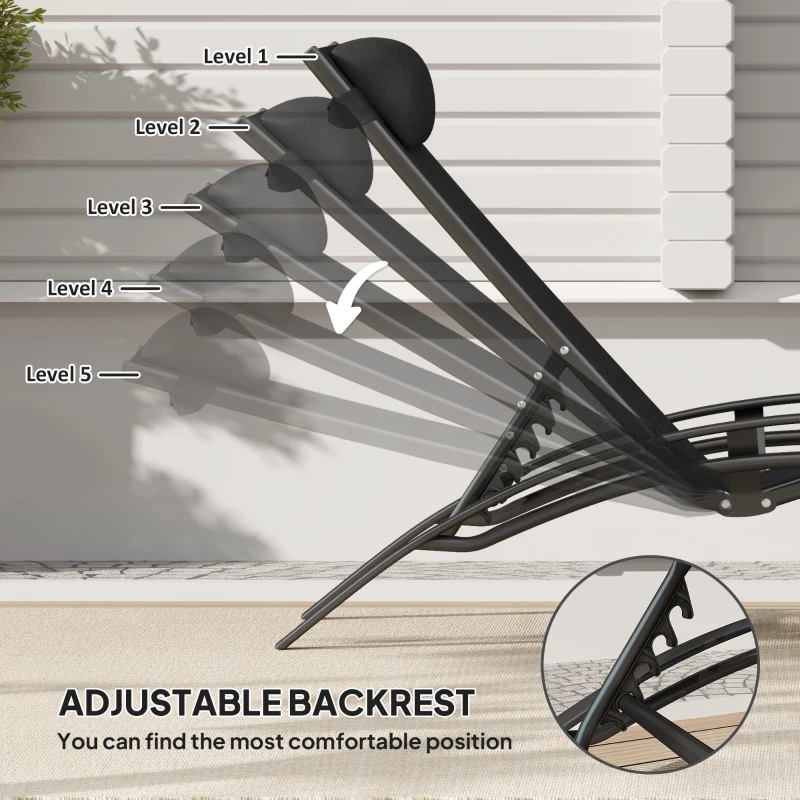 Outsunny Patio Lounge Chair, Aluminum Reclining Outdoor Tanning Chair with 5-Level Adjustable Backrest, Head Pillow and Breathable Mesh Fabric, for Pool, Deck, Garden, Black