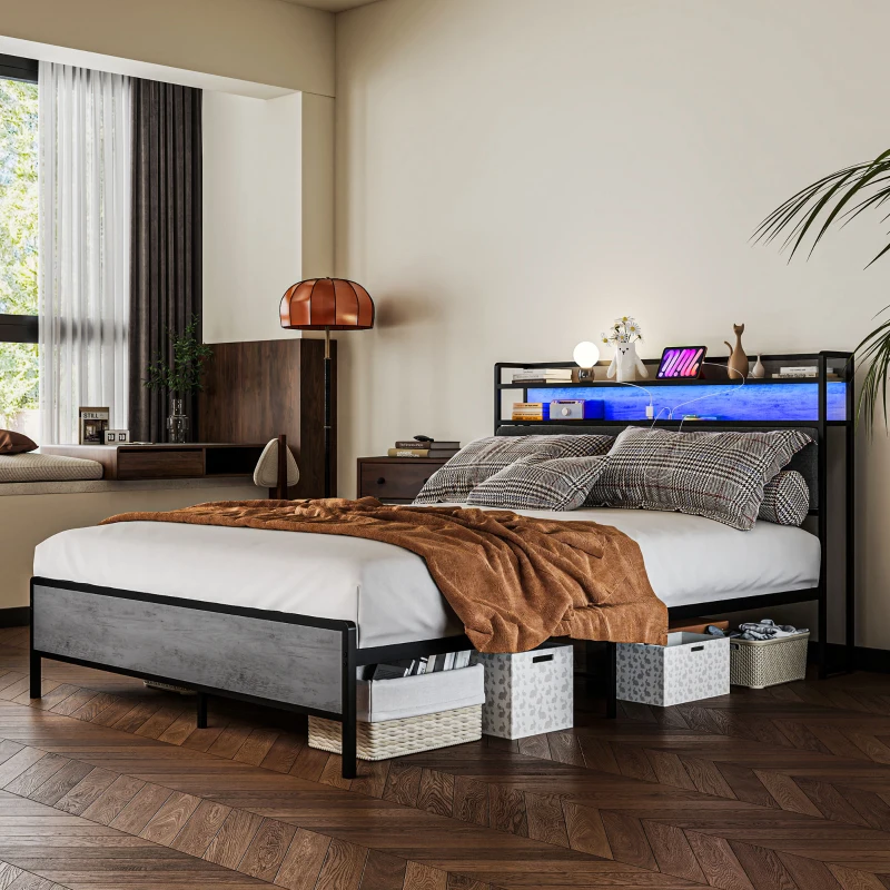 HOMCOM Queen Size Bed Frame with Storage Upholstered Headboard, Queen Bed Frame with LED Lights, Charging Station, Cement Gray