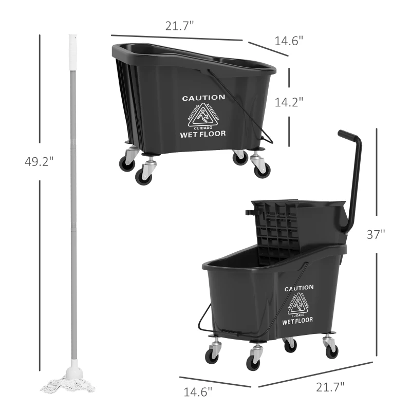 HOMCOM Mop Bucket with Wringer on Wheels for Floor Cleaning, 38 Quart Down Press Wringer with Handle, Black