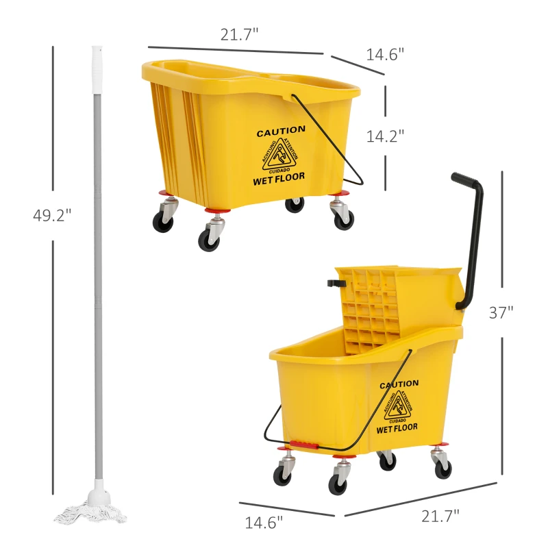 HOMCOM Mop Bucket with Wringer on Wheels for Floor Cleaning, 38 Quart Down Press Wringer with Handle, Yellow