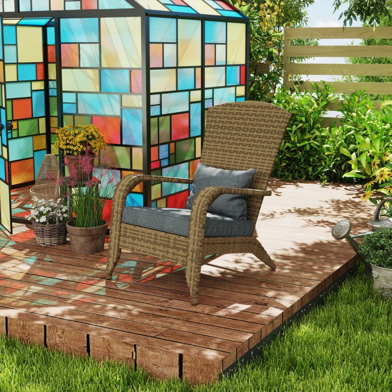 Outsunny Patio Adirondack Chair with Rattan Wicker, Soft Cushions, Tall Curved Backrest for Deck or Garden, Charcoal Gray