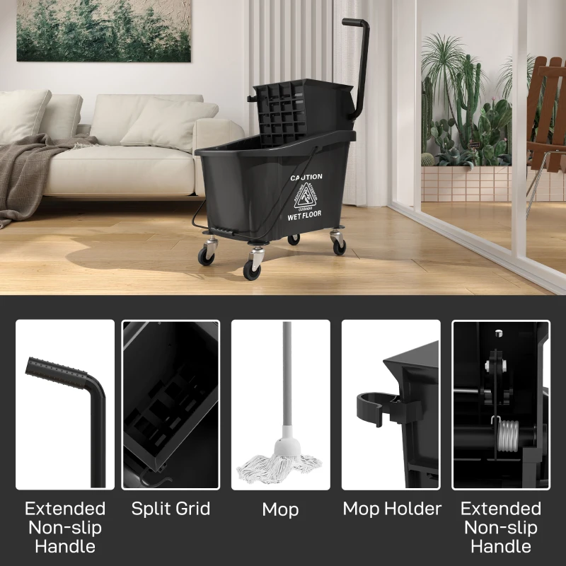 HOMCOM Mop Bucket with Wringer on Wheels for Floor Cleaning, 38 Quart Down Press Wringer with Handle, Black
