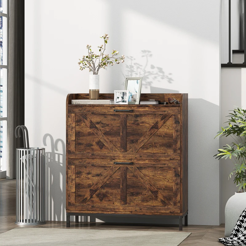 HOMCOM Shoe Cabinet Organizer with 2 Flip Drawers, Legs, Narrow Shoe Storage Cabinet for Entryway, Hallway, Rustic Brown