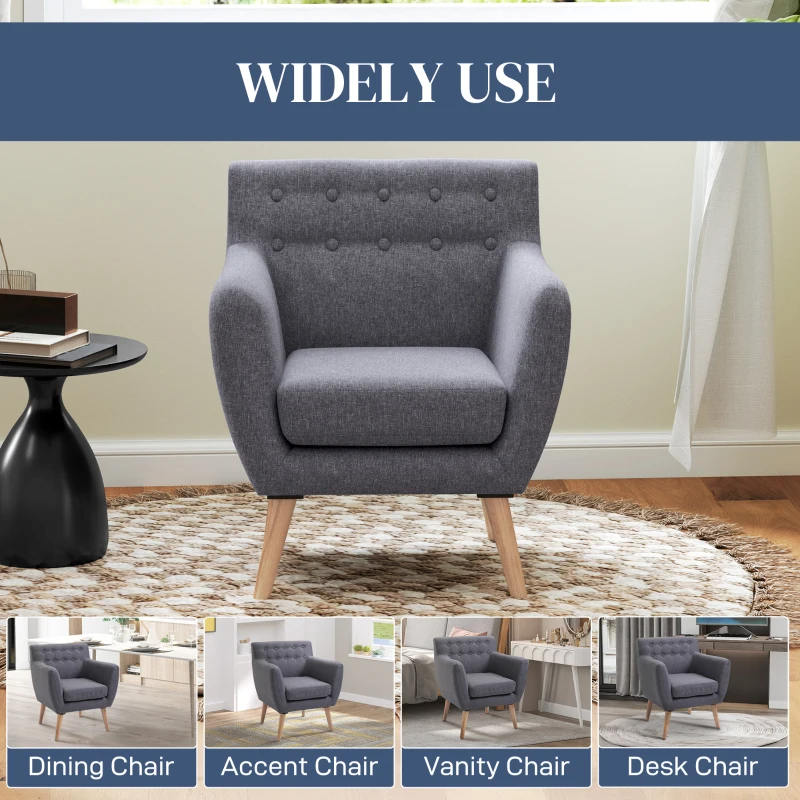 HOMCOM Linen Upholstery Armchair, Mid-Century Modern Accent Chair with Wood Frame and Thick Padding, Light Grey