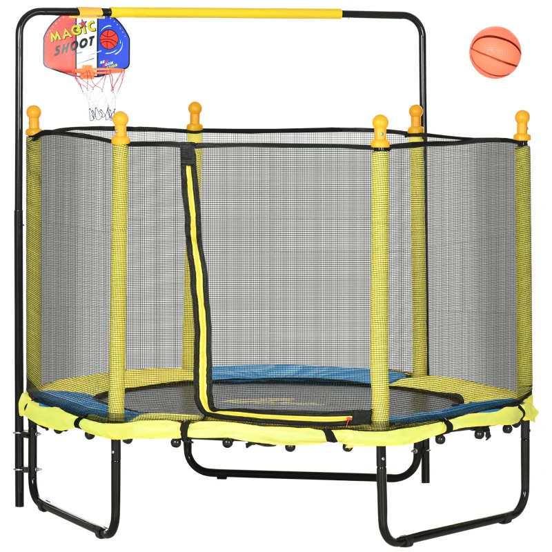 Qaba 4.6ft Kids Trampoline with Basketball Hoop, Horizontal Bar with Net for Children Ages 3-10, Yellow
