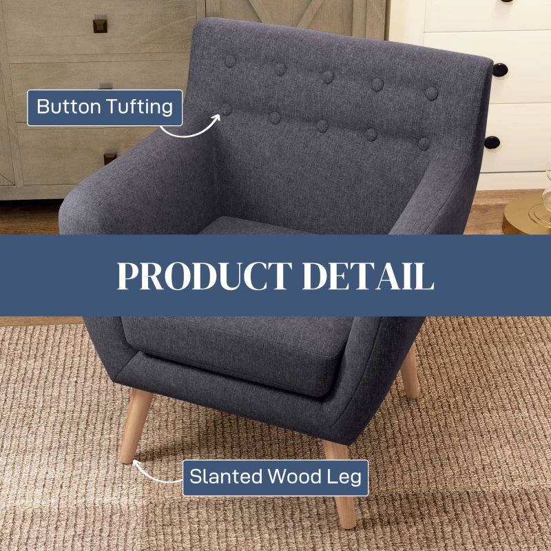 HOMCOM Linen Upholstery Armchair, Mid-Century Modern Accent Chair with Wood Frame and Thick Padding, Dark Grey